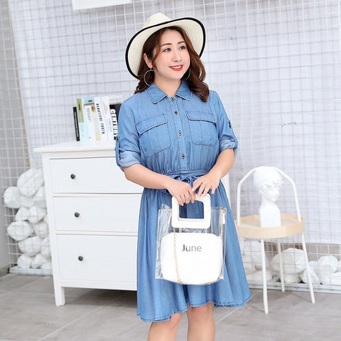 Tencel Denim Simple Plus Size Women's Long Sleeve Dress Denim Plus Size Skirt