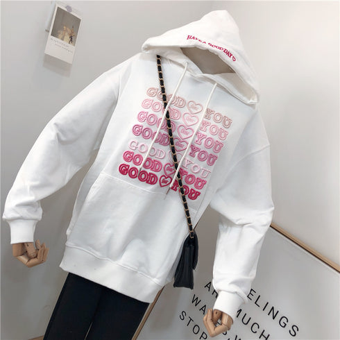 Korean Version Of The Spring New Heavy Industry Letter Embroidery Loose And Thin Trend Large Size Hooded Sweater Jacket Women