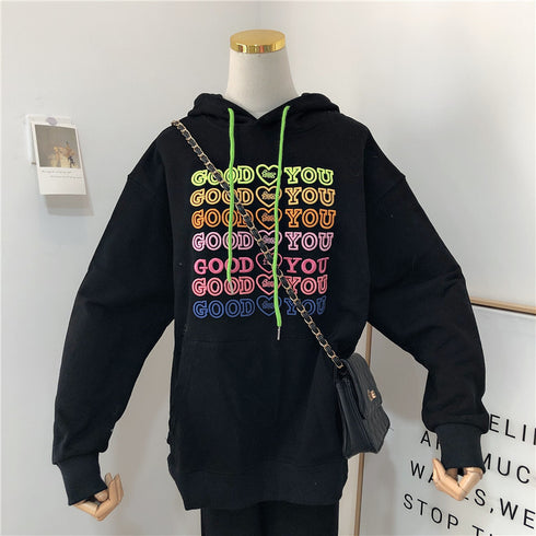 Korean Version Of The Spring New Heavy Industry Letter Embroidery Loose And Thin Trend Large Size Hooded Sweater Jacket Women