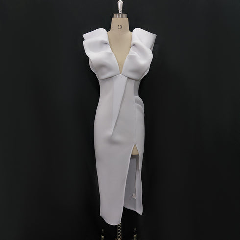 Sexy Deep V Sleeveless Slit High Waist Large Size Slim White Party Dress Women's Dress Dress