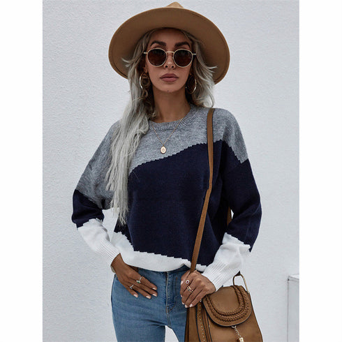 Fashion Loose Plus Size OL Commuter Round Neck Striped Sweater Women