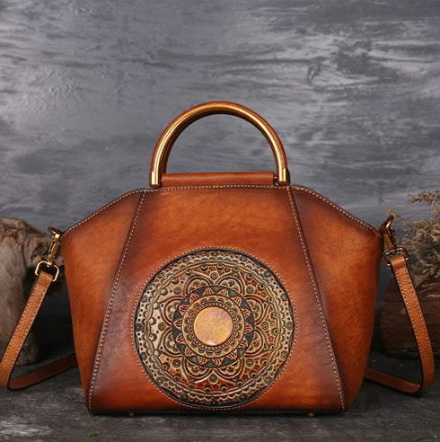 Genuine Leather Embossed Messenger Top Handle Bag