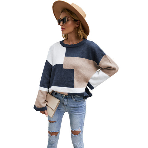 Round Neck Color-blocking Pullover Sweater Plus Size Loose Women