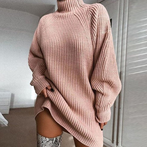 Mid-length raglan sleeve half turtleneck sweater dress