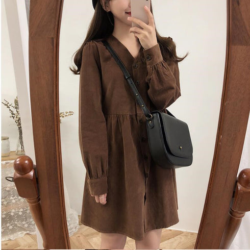 Buttoned Long Sleeve Plus Size Dress