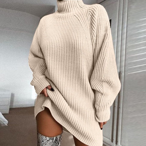 Mid-length raglan sleeve half turtleneck sweater dress