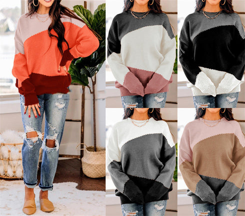 Fashion Loose Plus Size OL Commuter Round Neck Striped Sweater Women