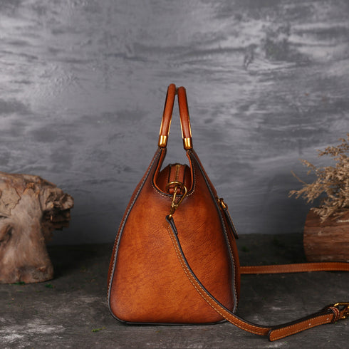 Genuine Leather Embossed Messenger Top Handle Bag