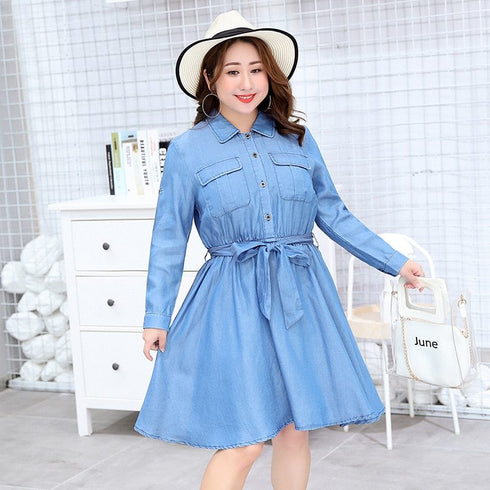 Tencel Denim Simple Plus Size Women's Long Sleeve Dress Denim Plus Size Skirt