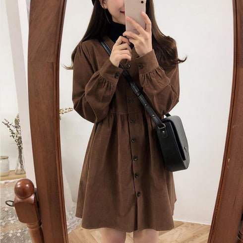 Buttoned Long Sleeve Plus Size Dress
