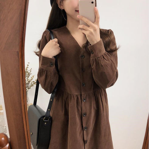 Buttoned Long Sleeve Plus Size Dress