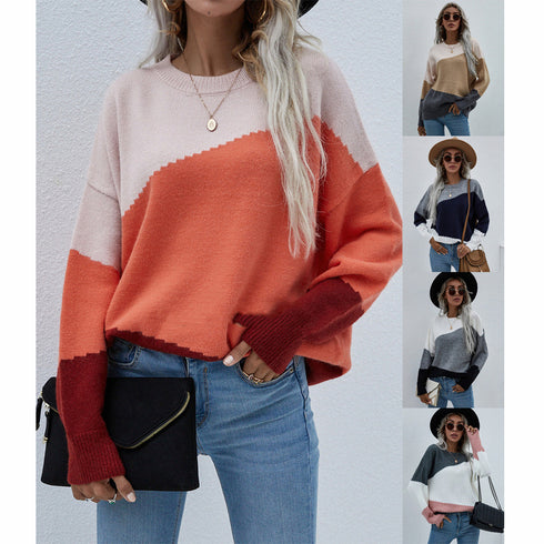 Fashion Loose Plus Size OL Commuter Round Neck Striped Sweater Women