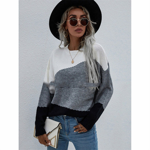 Fashion Loose Plus Size OL Commuter Round Neck Striped Sweater Women