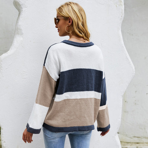Round Neck Color-blocking Pullover Sweater Plus Size Loose Women