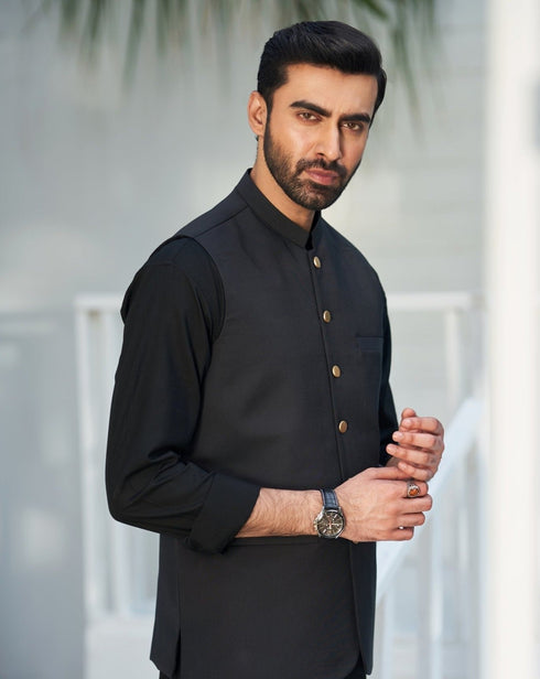 All Black Shalwar Kameez and Waistcoat - 3PC