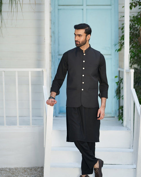 All Black Shalwar Kameez and Waistcoat - 3PC