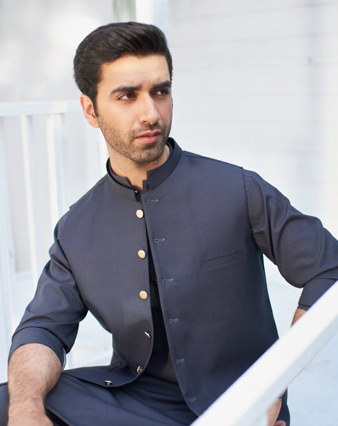 Charcoal Grey Shalwar Kameez and Waistcoat - 3PC
