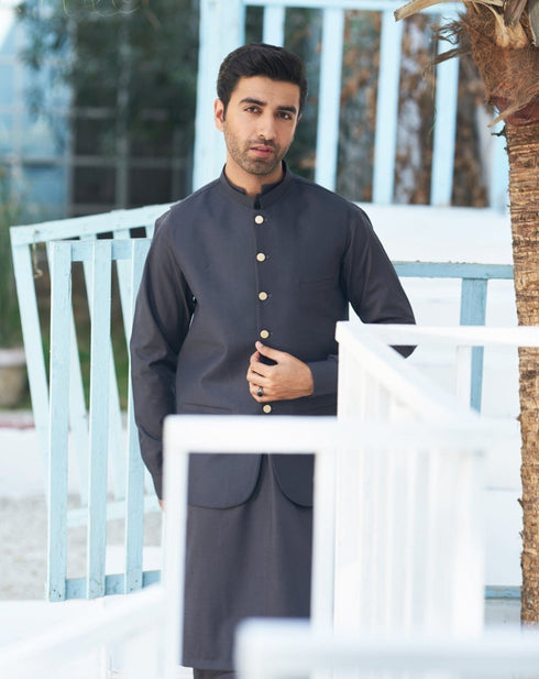 Charcoal Grey Shalwar Kameez and Waistcoat - 3PC