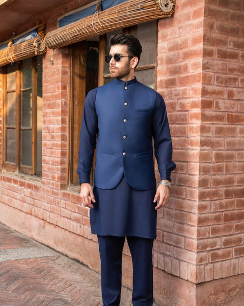 Navy Blue Shalwar Kameez and Waistcoat - 3PC