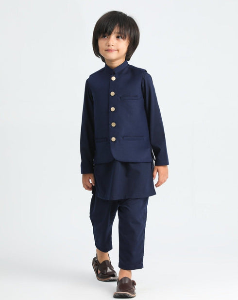 Navy Blue Shalwar Kameez and Waistcoat - 3PC Set
