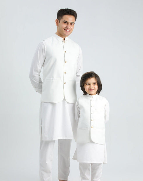 Off White Shalwar Kameez and Waistcoat - 3PC Set