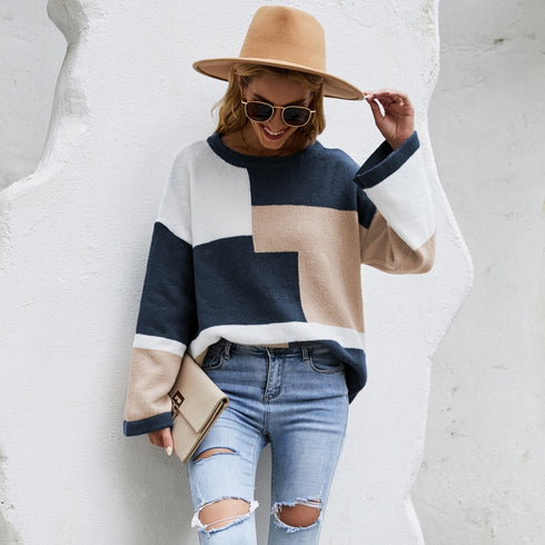 Round Neck Color-blocking Pullover Sweater Plus Size Loose Women
