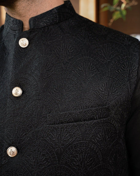 Black Embroided - Waistcoat Set - 3PC Designerwear