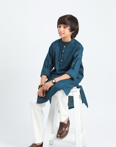 Blue Textured Cotton Kurta Trouser