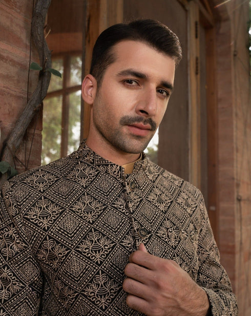 Gold Black Embroidered - Princecoat Set - 3PC Designerwear