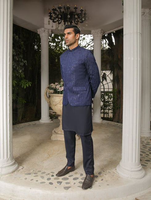 Navy Blue Embroidered - Princecoat Set - 3PC Designerwear