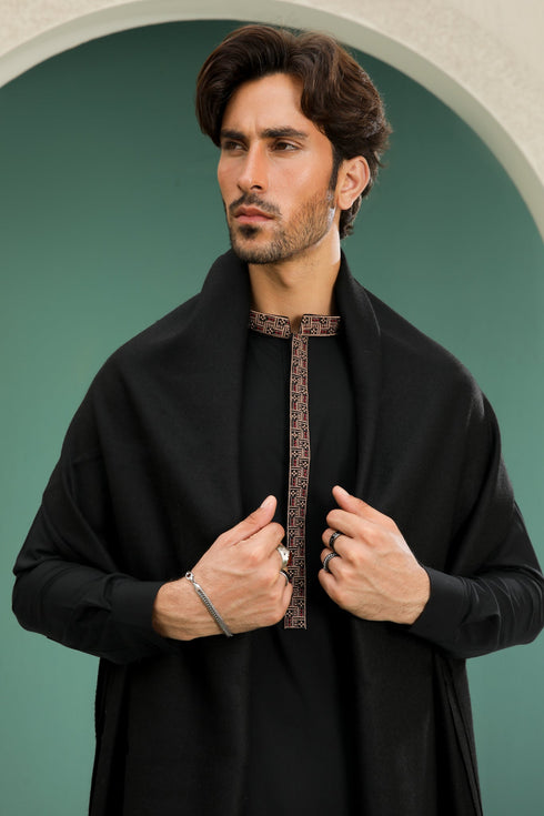 Black Wool Shawl with Kameez Shalwar - Men - 3 Piece