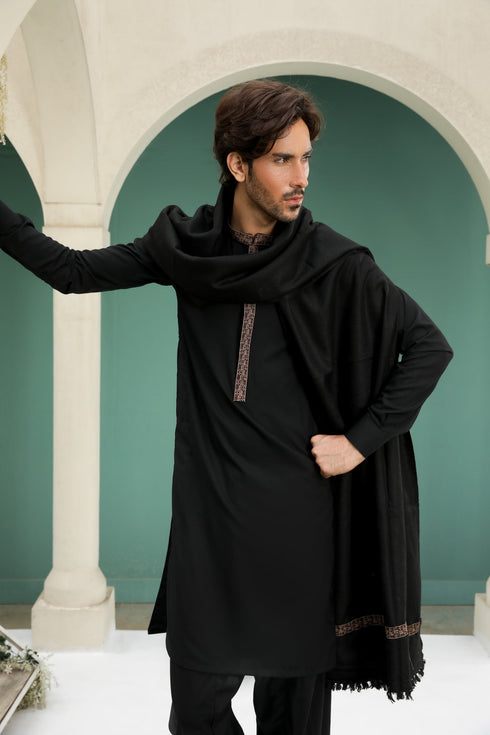 Black Wool Shawl with Kameez Shalwar - Men - 3 Piece