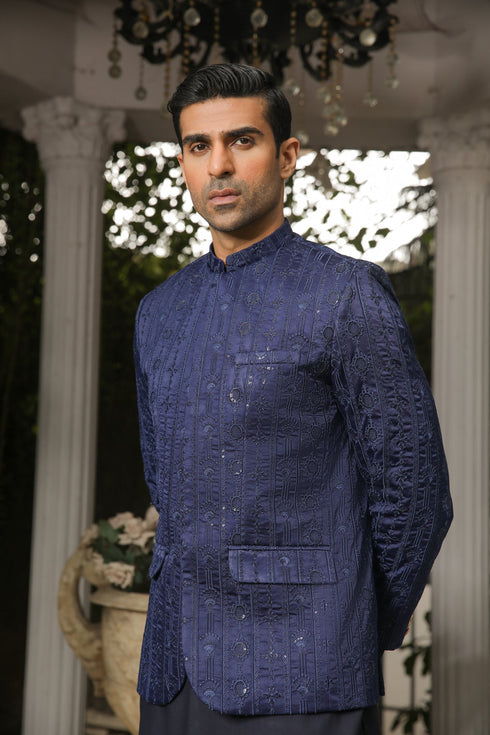 Navy Blue Embroidered - Princecoat Set - 3PC Designerwear