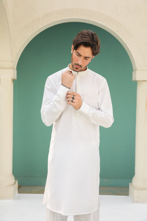 Off White Kameez Shalwar - Men - Collar Neck Embroidered