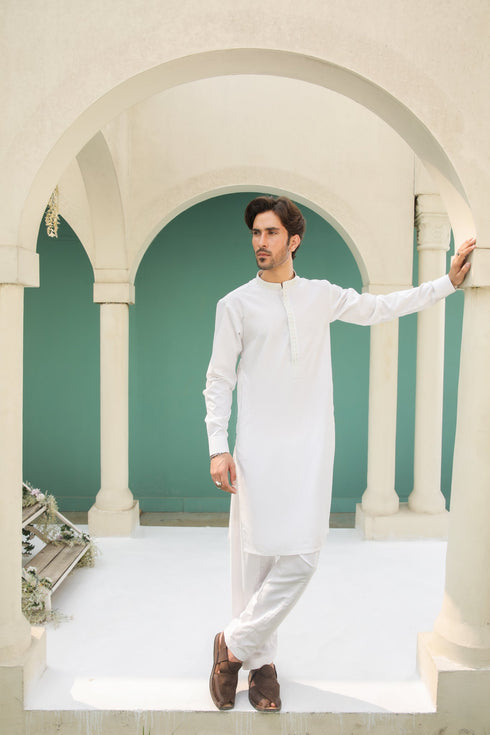 Off White Kameez Shalwar with Waistcoat - Men - 3PC - FE