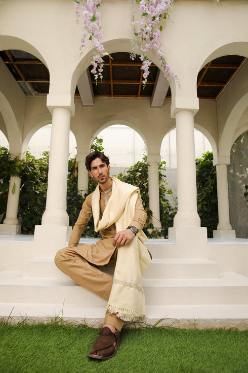 Cream Wool Shawl with Camel Kameez Shalwar - Men - 3 Piece