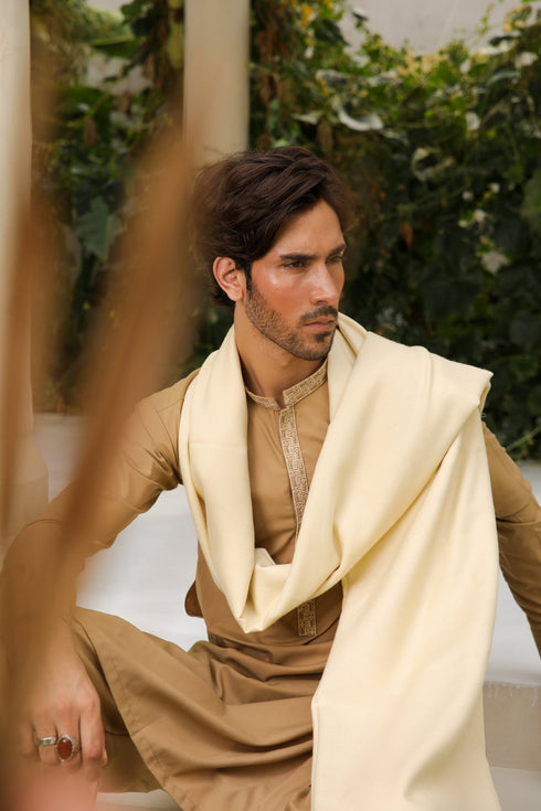 Cream Wool Shawl with Camel Kameez Shalwar - Men - 3 Piece