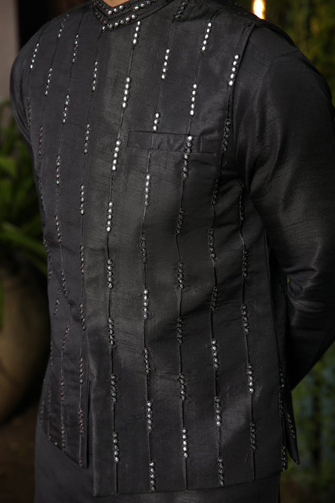 Black Falling Panni Embroidered - Waistcoat Set - 3PC Designerwear