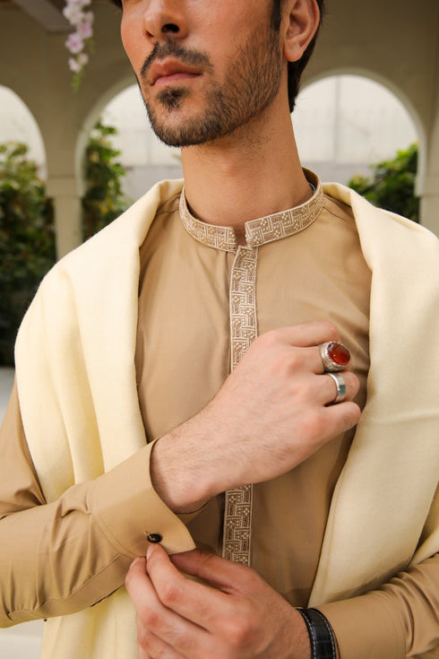 Cream Wool Shawl with Camel Kameez Shalwar - Men - 3 Piece