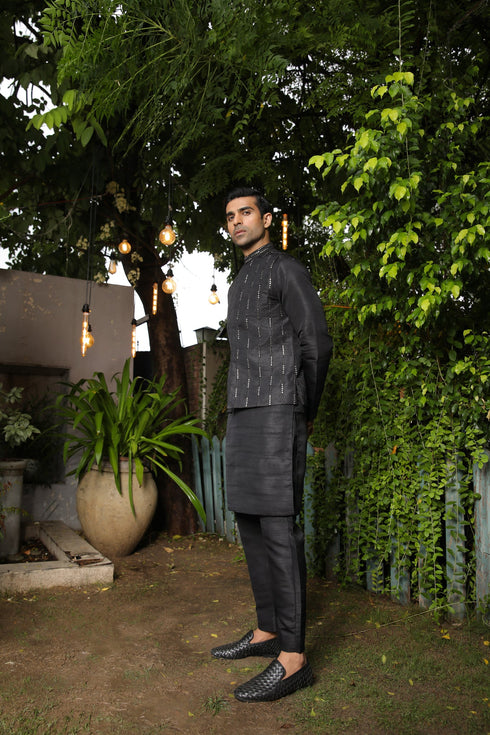 Black Falling Panni Embroidered - Waistcoat Set - 3PC Designerwear