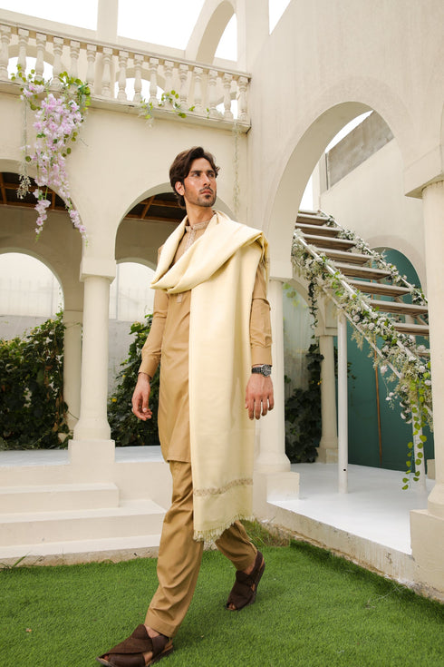 Cream Wool Shawl with Camel Kameez Shalwar - Men - 3 Piece