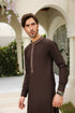 Mocha Brown Kameez Shalwar - Men - Collar Neck Embroidered