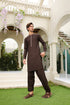Mocha Brown Kameez Shalwar - Men - Collar Neck Embroidered