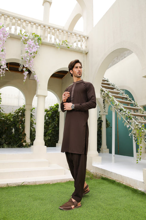 Mocha Brown Kameez Shalwar - Men - Collar Neck Embroidered