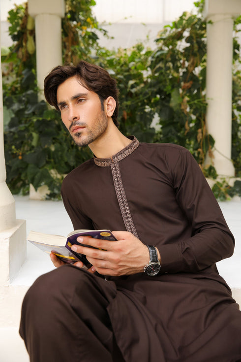 Mocha Brown Kameez Shalwar - Men - Collar Neck Embroidered
