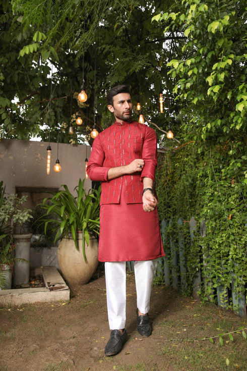 Maroon Panni Embroidered - Waistcoat Set - 3PC Designerwear