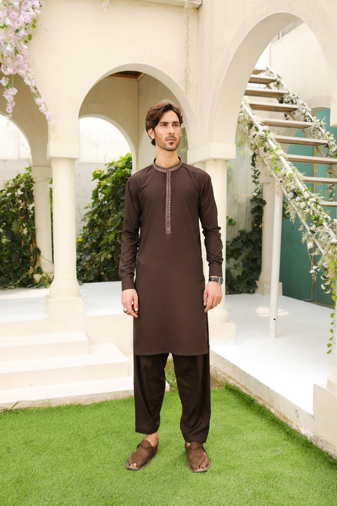 Mocha Brown Kameez Shalwar - Men - Collar Neck Embroidered