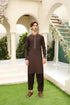 Mocha Brown Kameez Shalwar - Men - Collar Neck Embroidered