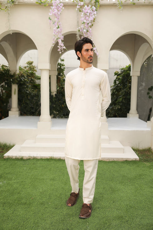 Bosky White Kurta Trouser - Men - Collar Neck Embroidered