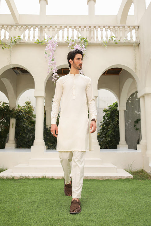 Bosky White Kurta Trouser - Men - Collar Neck Embroidered